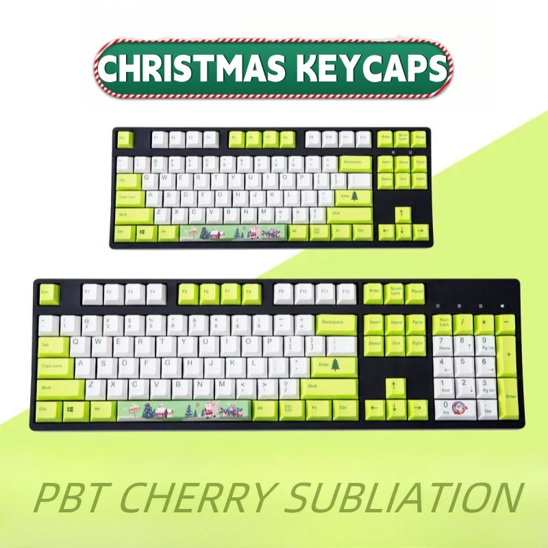 

Christmas Keycap 87/108 Keys layout Green Retro Cherry Height PBT Sublimation Cherry Mx8.0 DIY Mechanical Keyboard Ikbc Keycaps