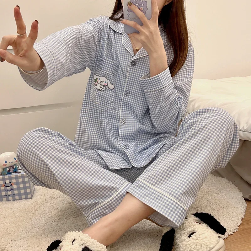 Yugui dog pure cotton pajamas autumn new lapel long-sleeved trousers two-piece set silk women's pajamas loungewear set