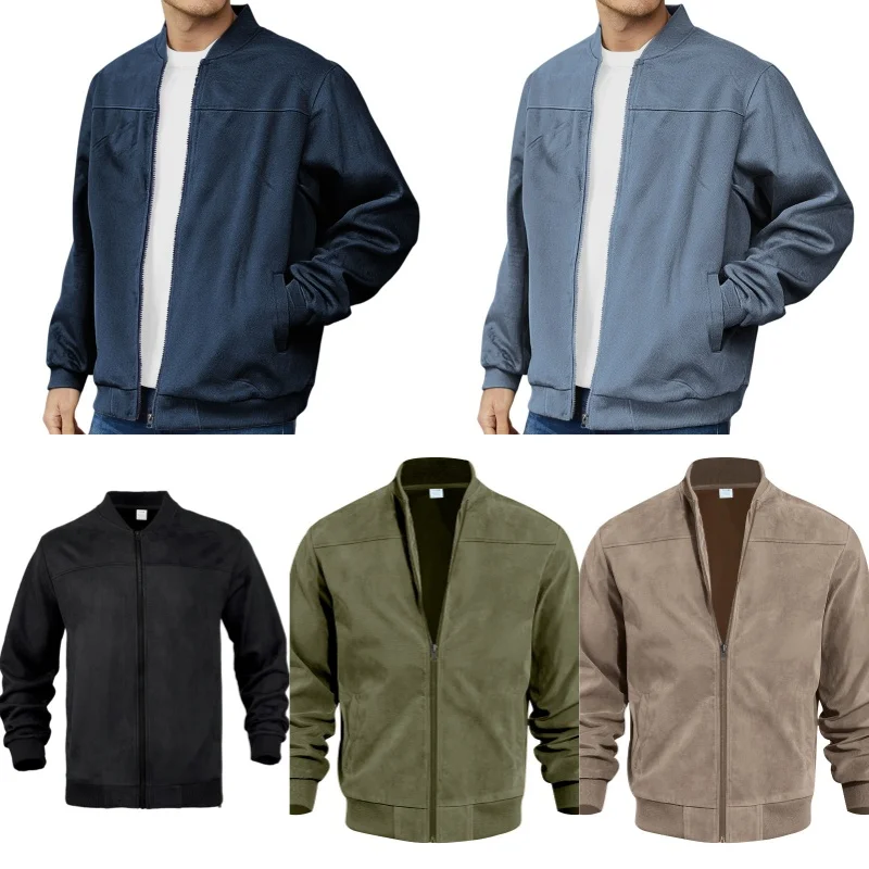

Men's Suede Zipper Jacket Long Sleeve Solid Color Casual Vintage Outerwear Comfortable Fit Knitwear for Autumn Season
