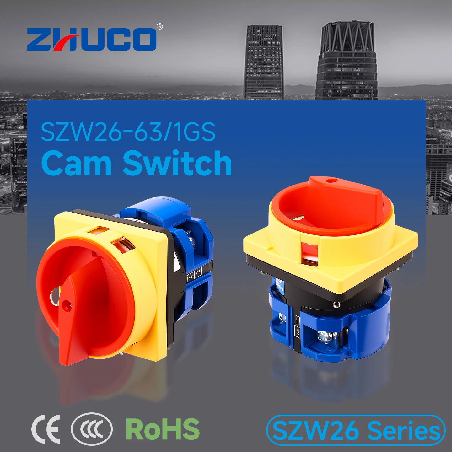 Zhuco 2-Position Selector Switch 63A 690V, 4-Terminal Universal Rotary Cam Selector with Locking Switch, Suitable for Distribution Cabinets, Machine Tools, Industrial Panels (Szw26-63/1Gs, on Off, Off on)