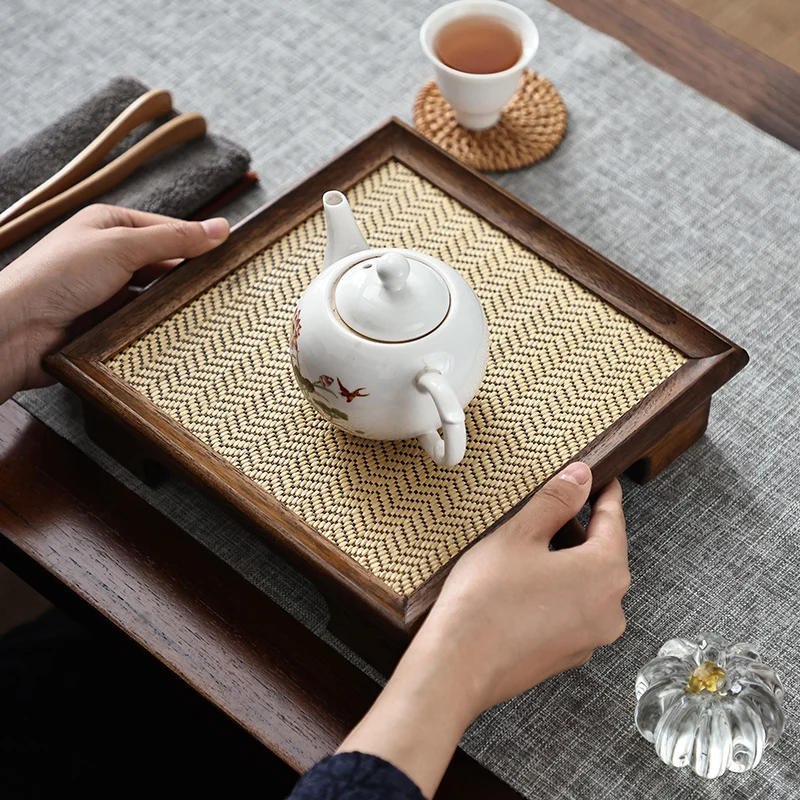 

Thai Solid Wood Tea Tray, Home Tea Set Serving Board, Chinese Wooden Dry Brew Table, Woven Bamboo Tea Plate Organizer