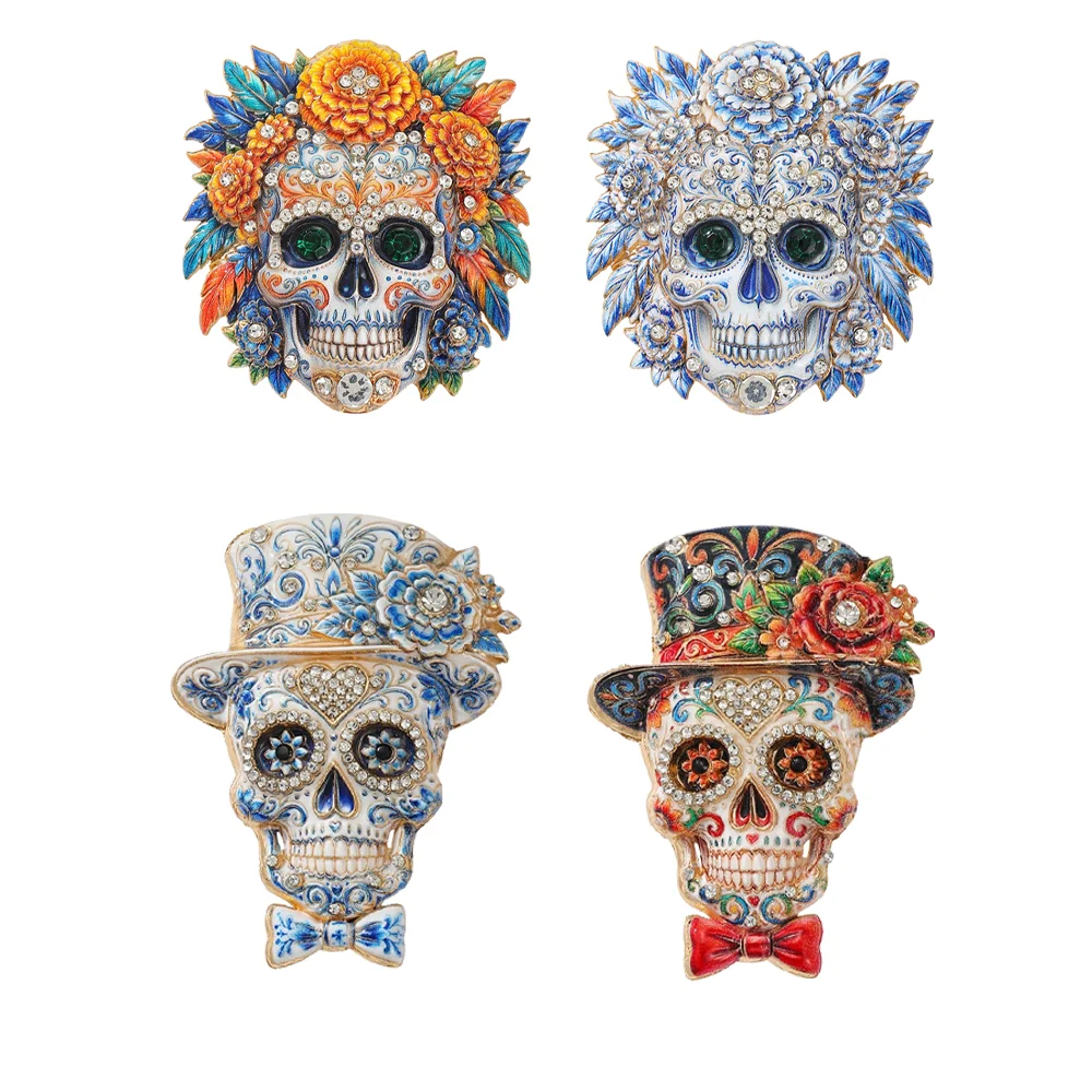 Mexican Day of The Dead Brooch Skull Marigold Inlaid with Brooches Sugar Enamel Day of The Dead Flower Skull Pin Halloween