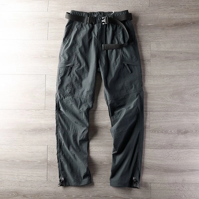 Summer New Elastic Waist Solid Color Straight Pants Man Thin Style High Street Comfortable Pockets Patchwork Drawstring Trousers