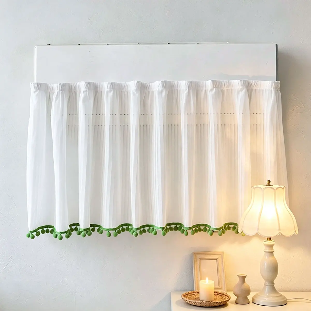 Velcro Mount Striped Sheer AC Curtain with Green Pom Pom Fringe, Anti-direct Wind Dustproof Decorative Valance Curtain