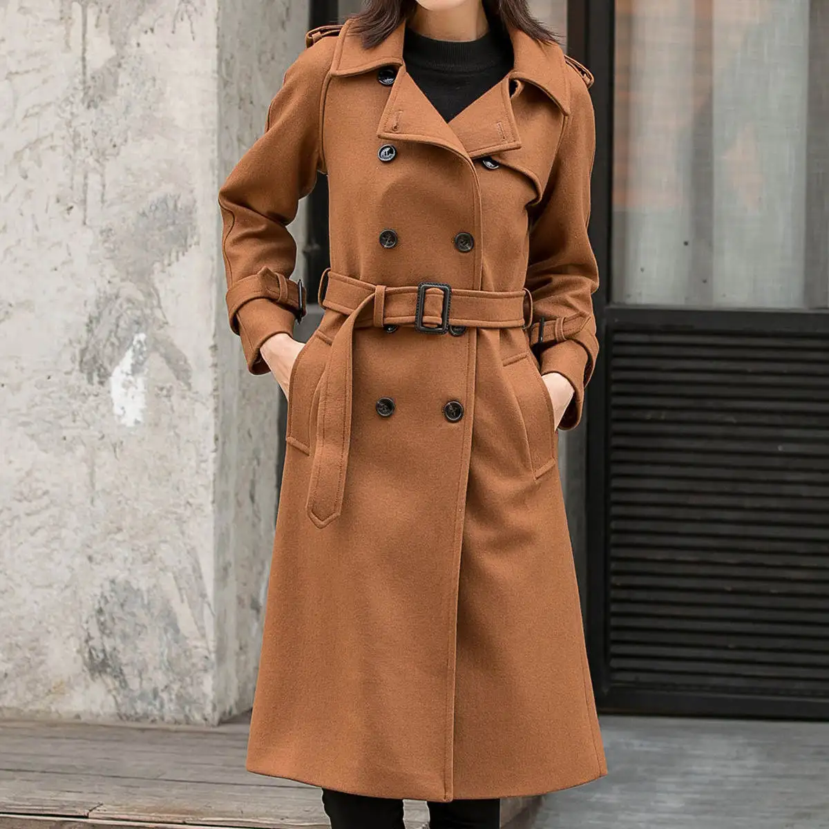 Brown Winter Warm Woolen Women Long Jacket With Sash Slim Fit Blazer One Piece Office Lady Street Wear Customized