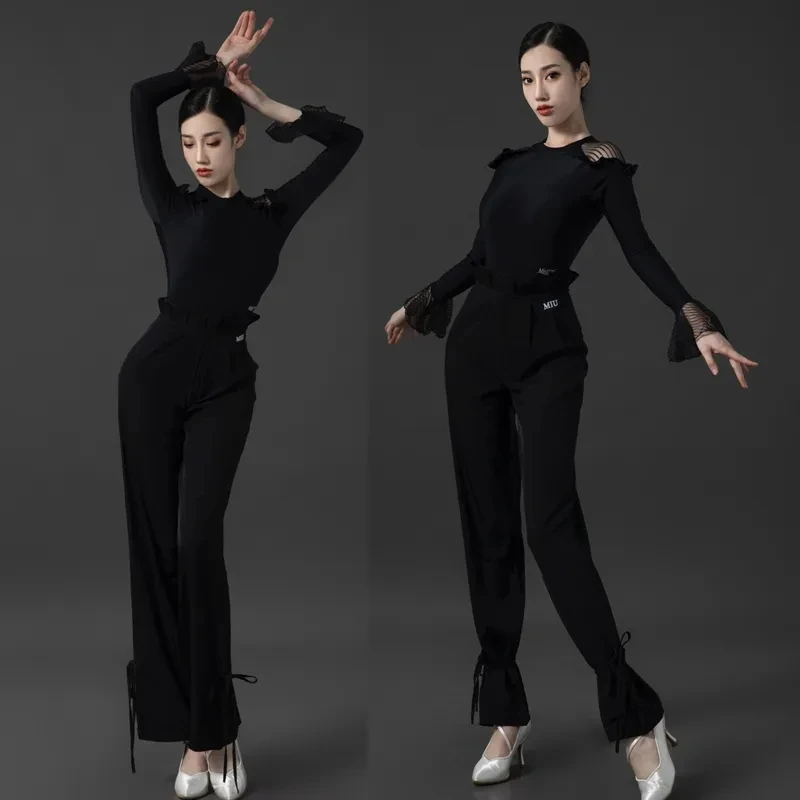 

New Latin Dance Costumes For Women Black Long Sleeved Tops Bud Pants Modern Dance Performance Costumes Latin Wear