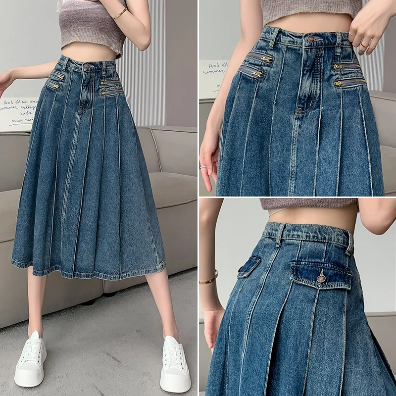 Damen blau A-Linie Denim Falten rock Vintage 90er Jahre ästhetische y2k lange Jeans rock Harajuku koreanische Cowboy Röcke 1920er Jahre Kleidung