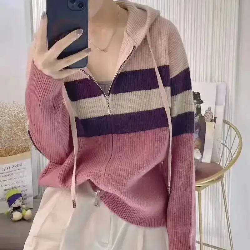 Women's Cardigan Solid Color Patchwork Knit Spring and Autumn Women's Clothing Hooded Zipper Long Sleeved Casual Sweater Coat