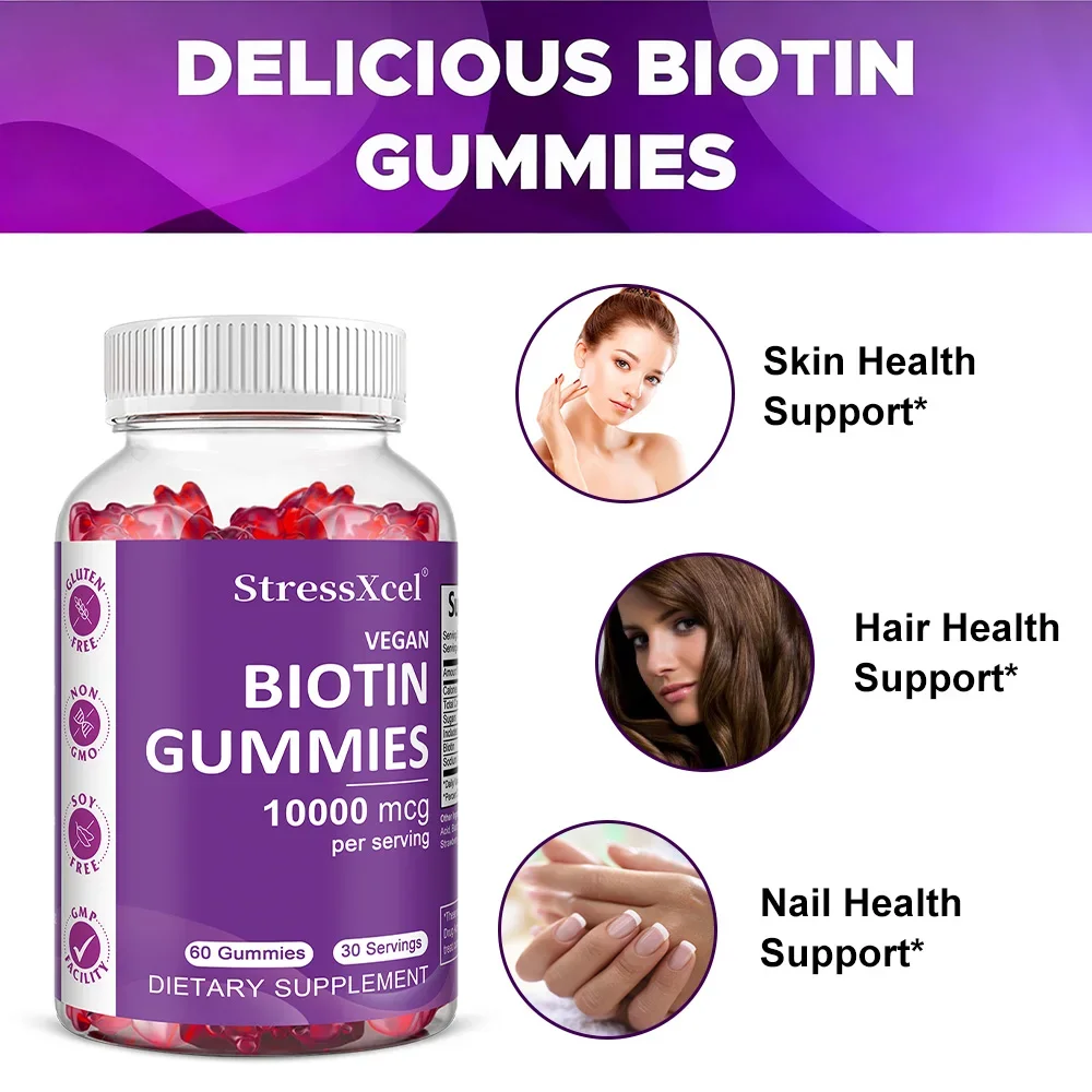 10,000 ماك جرام من علكات البيوتين - تعزز نمو الشعر، ويقوي الأظافر، ويحافظ على البشرة الصحية، وتنظيم عملية التمثيل الغذائي