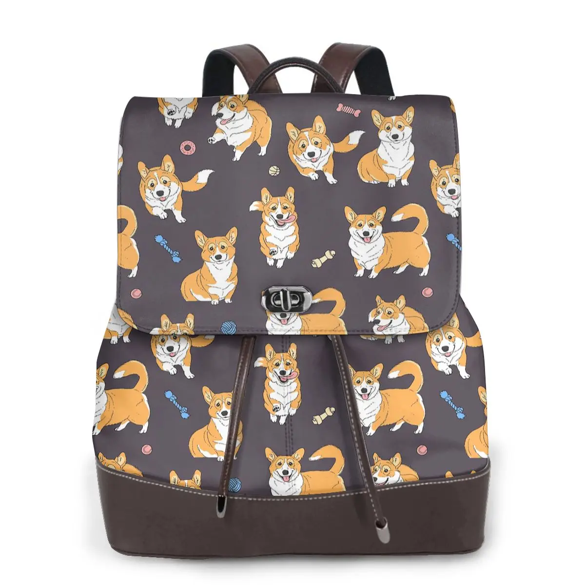 Playing Corgi Dog On Grey Women Soft Leather Backpack Large Capacity Multi Pockets Work Travel Ladies Casual Rucksack