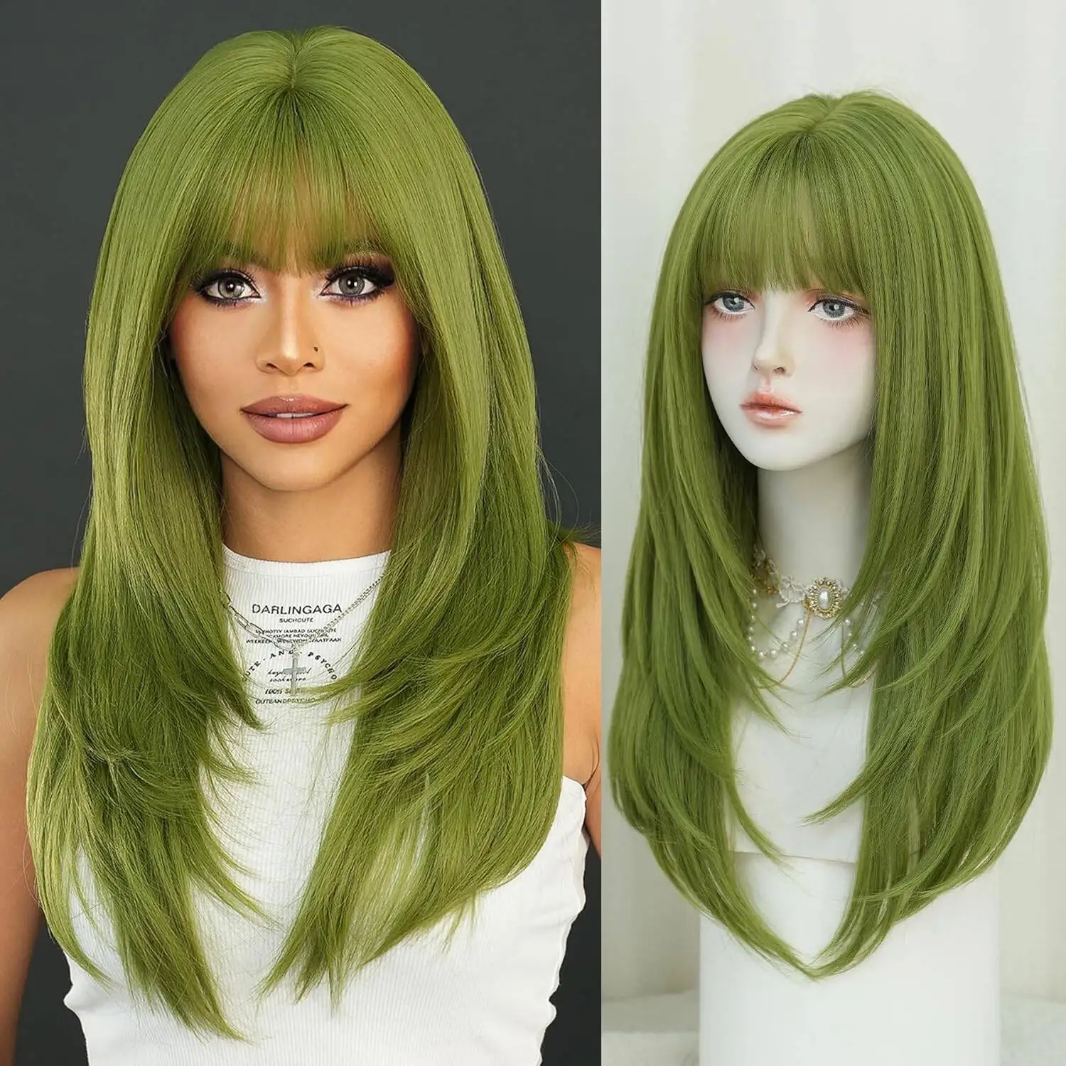 

Long straight bangs synthetic wig, suitable for women, synthetic fiber, suitable for parties, role-playing, daily use, 25 inches
