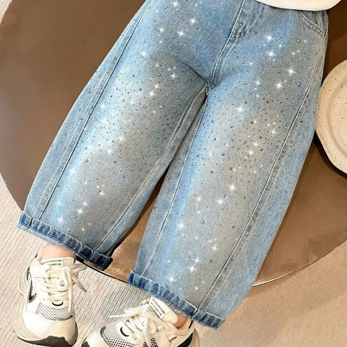 Kids Spring Pants Girls Rhinestone Jeans Loose 2026 New Stylish Baby Super Cute Street Long Soft Pants