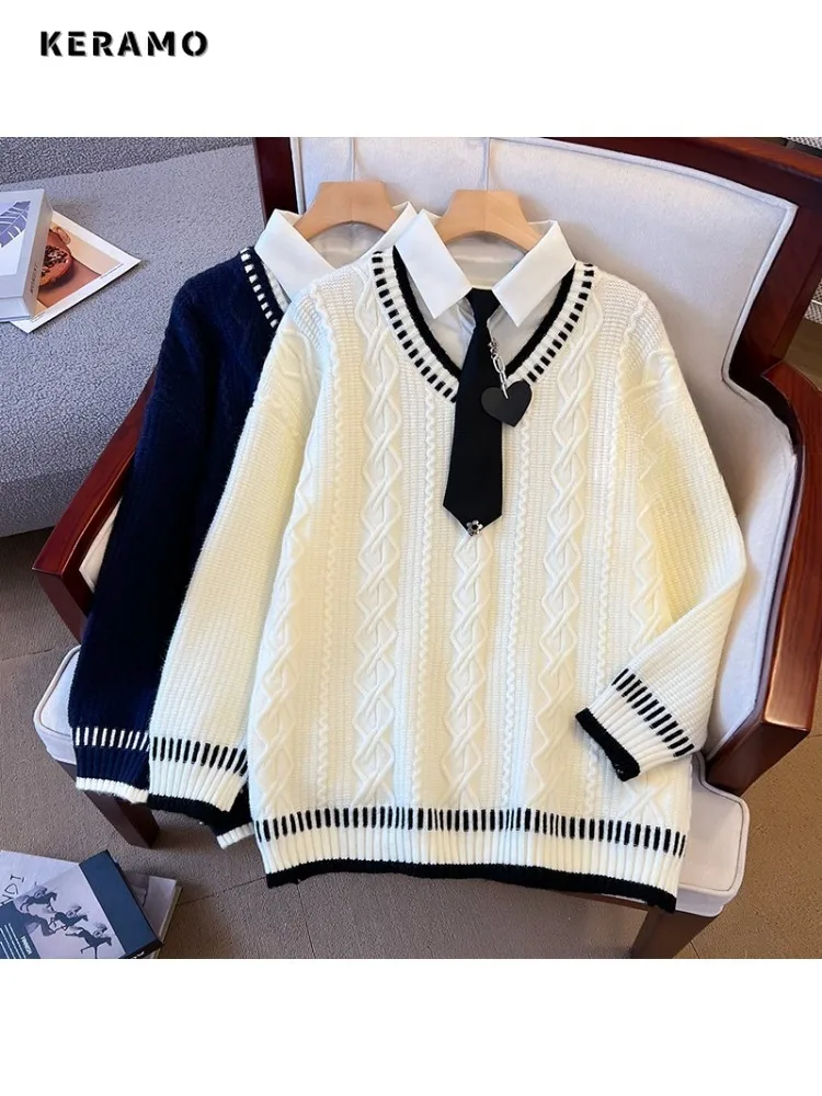 

2025 зимние повседневные вязаные пуловеры с длинными рукавами в консервативном стиле для женщин, облегающий трикотаж, искусственный свитер из двух предметов, лоскутный топ