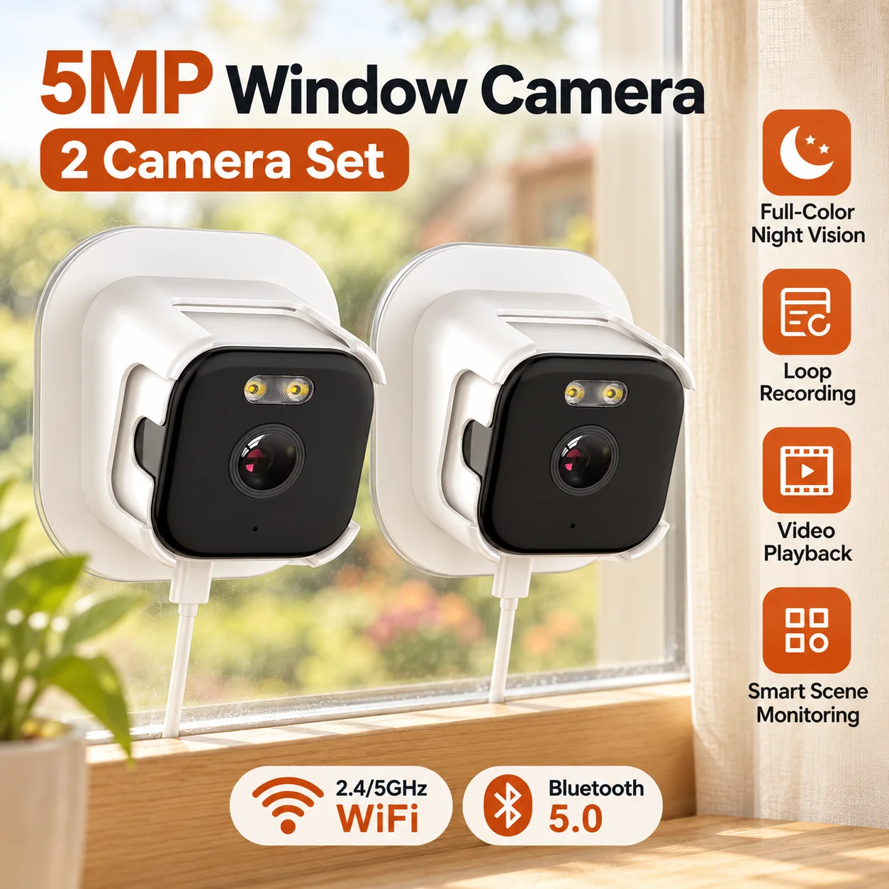 Window Camera 5MP With Two Way Audio Dual Band WiFi Video Playback SD Card Slot Starlight Night Vision and O-Kam Pro App Support