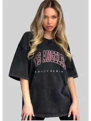 Cotton Washed T-shirts for Women Los Angeles Callfornia Letter Print Tops Loose O-Neck Oversized Short Sleeve Y2k Female Clothes