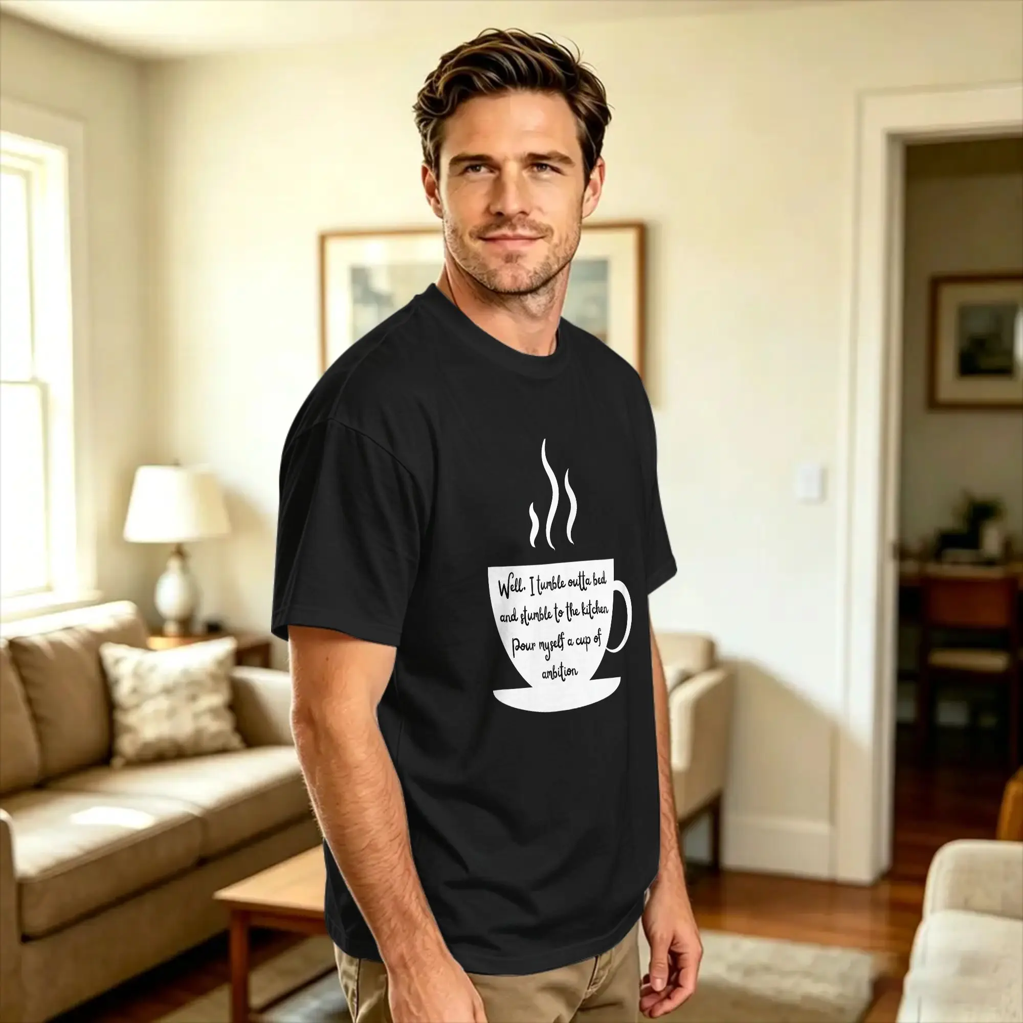 Steaming Coffee Cup Wake Up and have ambition T Shirt Beach  Leisure T Shirts 100% Cotton O-Neck Oversize Clothes Short Sleeve