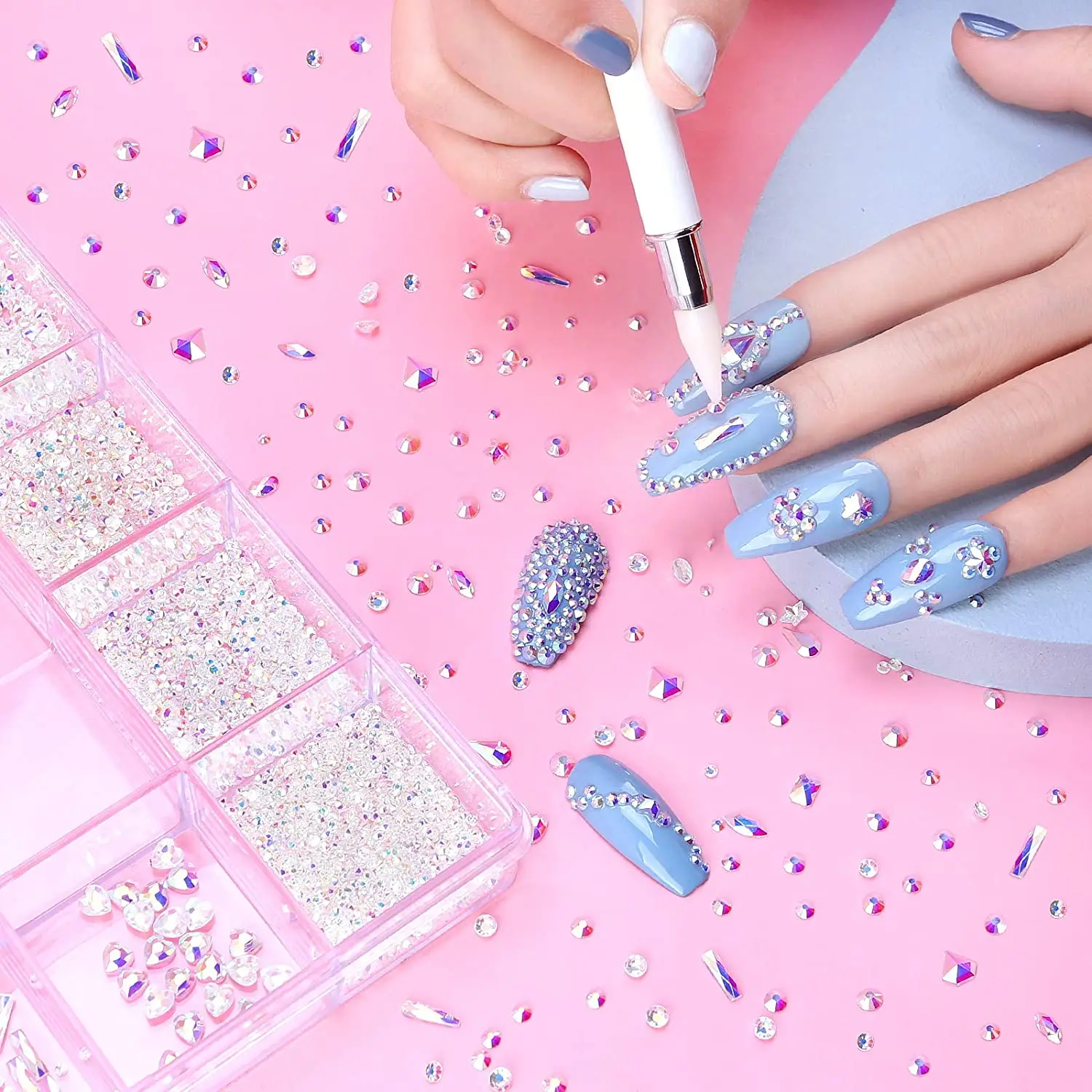 2800/3100PCS หรูหราเพชรเล็บ Art Rhinestones คริสตัลชุดตกแต่ง AB แก้ว 1pcs Pick Up ปากกากริดกล่อง 21 รูปร่าง