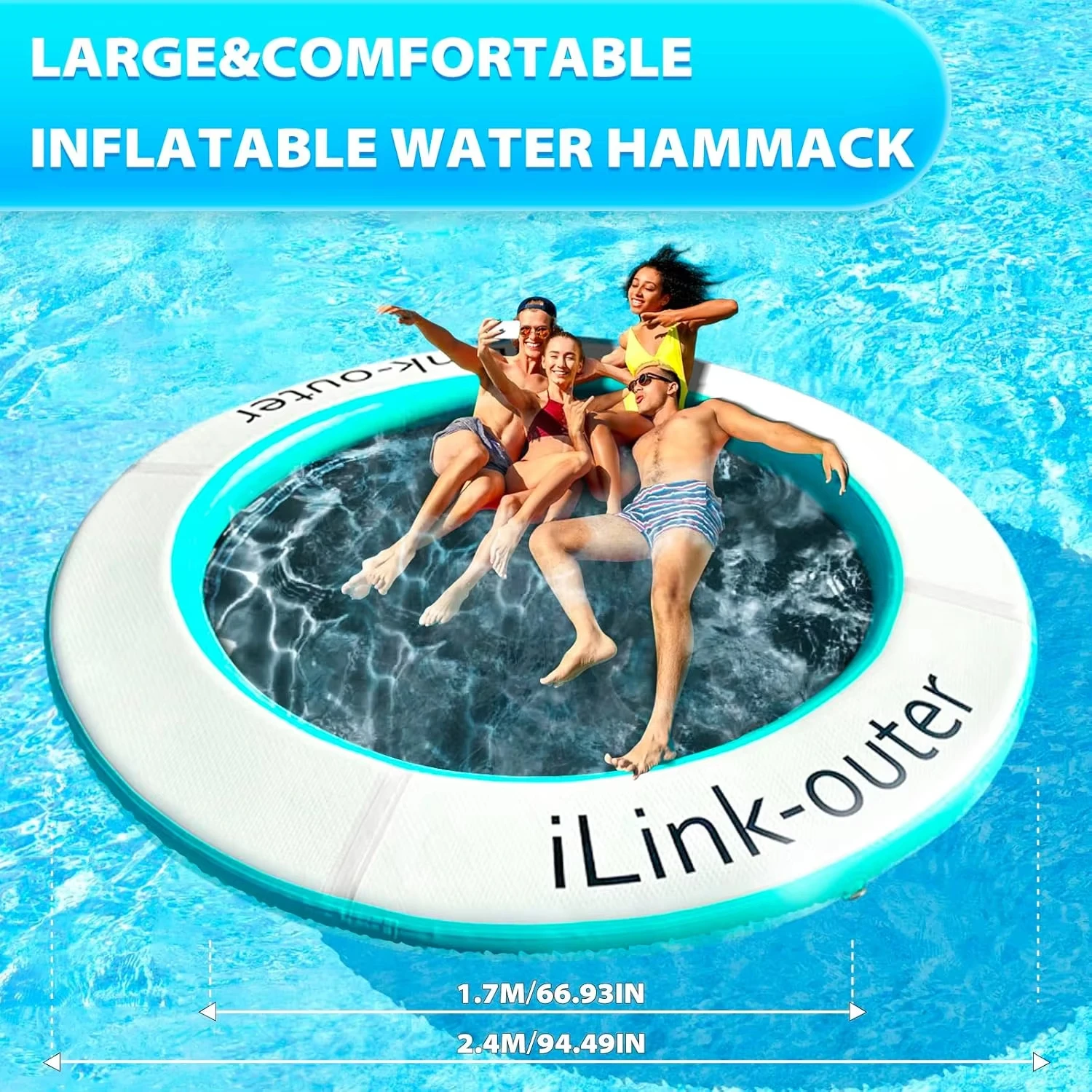 Rede inflável de água com anel flutuante redondo durável. Balsa de rio/lago resistente, espreguiçadeira de piscina para adultos, flutuador de bronzeamento para festa