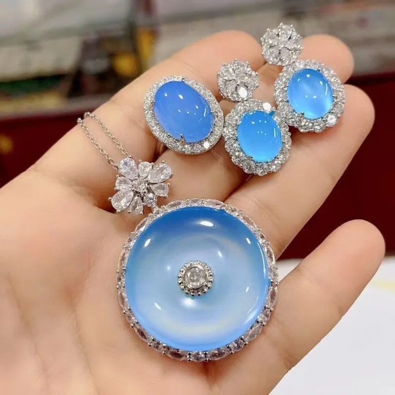 Silver plated inlaid ice green chalcedony safety buckle pendant, agate earrings ring, jade three piece set, temperament gift view 2