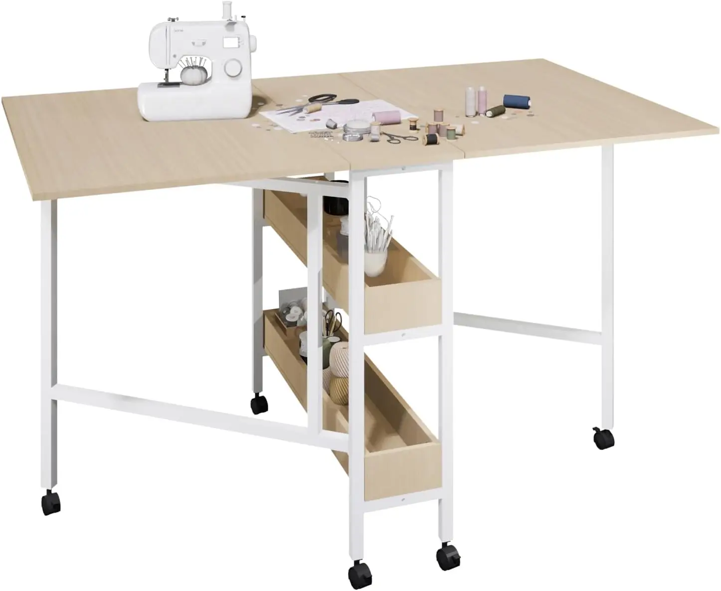 Home Hobby Craft Table, Folding Sewing Table with Storage Shelves, Mobile Cutting Table for Home Office Sewing Room Craft Room,