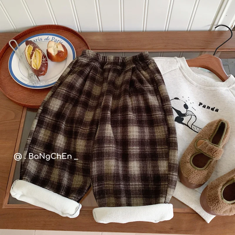 

Children's Casual Pants2024Winter New Chenille Plaid Pants Boy Versatile Plaid TrousersG0605