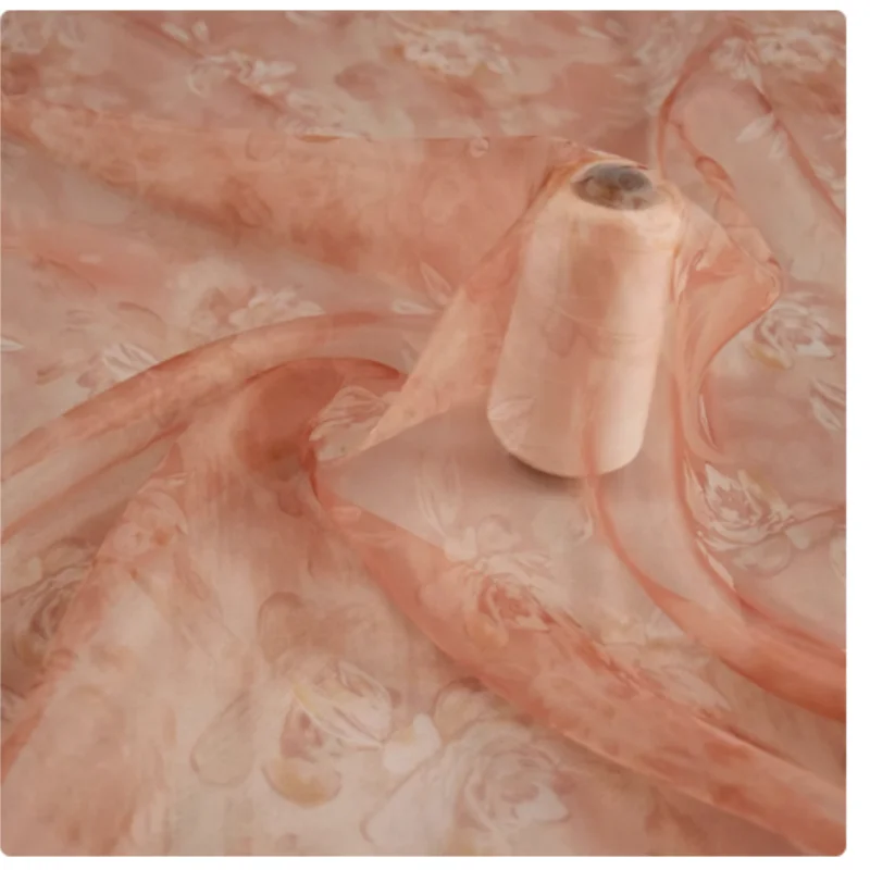 China Wind Bean Red Big Flower Smudge Organza Chiffon Fabric, Dress, Han Cloth Sewing Tissue, Super Thin, Transparent T2341