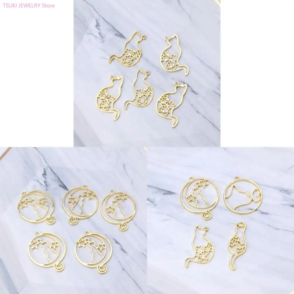 62KE 5 Pcs/Set for Creative Hollow for Cat Charms for Cat Kitten Metal Frame Resin Molds Pendants Charms for UV Re