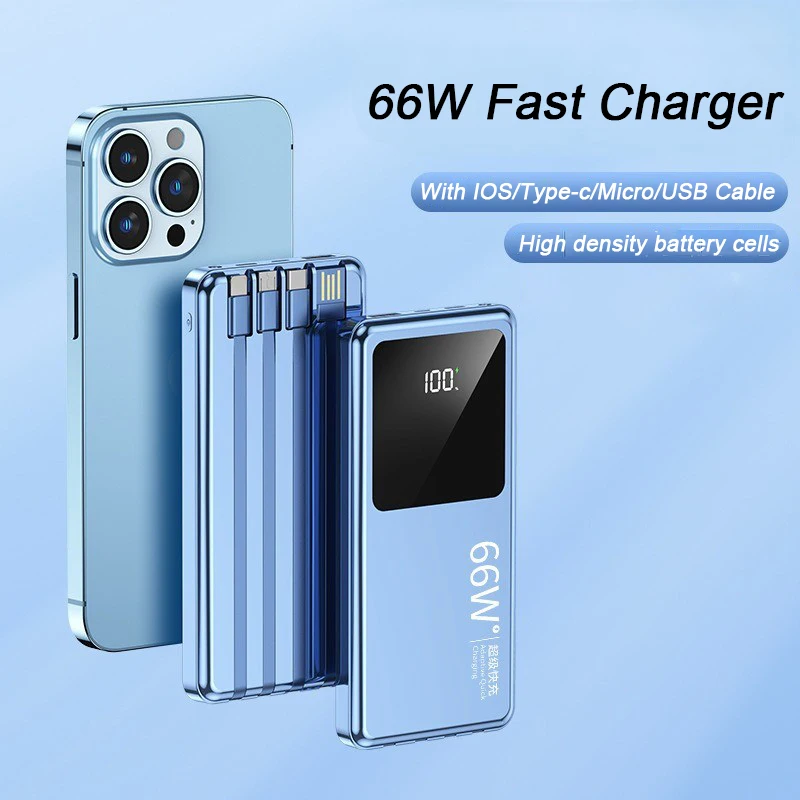 

66W Self-Contained Cable Fast Charger Power Bank 20000mAh Large Capacity Digital Display Portable Camping Outdoor Phone Battery