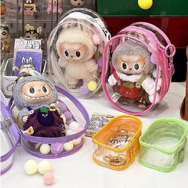 Colorful Transparent Protector Case Organizer Box for 17cm Labubu Plush Dolls Outdoor Display Bag With Keychain Doll Accessories