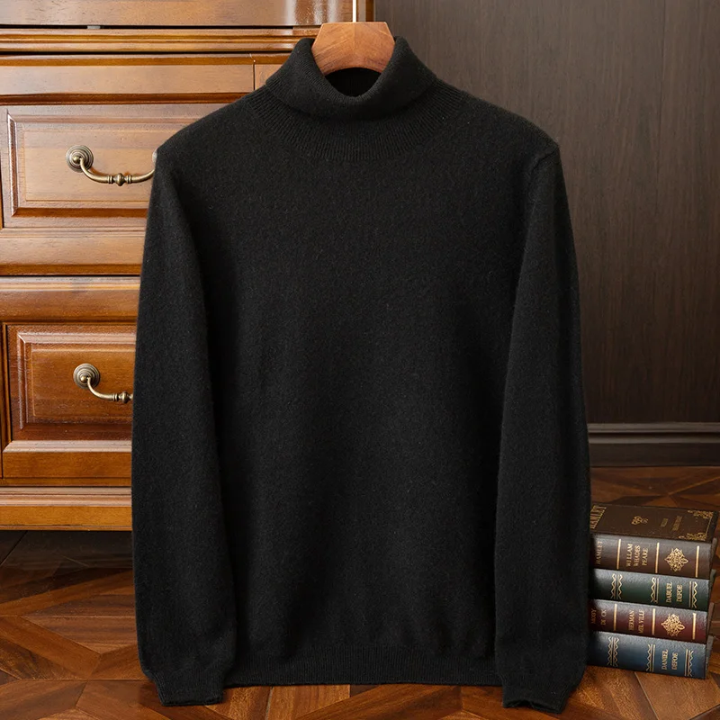 Luxury Autumn Winter Smart Casual Cashmere Knit Tops Men's 100% Cashmere Pullover Sweater Turtleneck Long Sleeve Thick Pullover