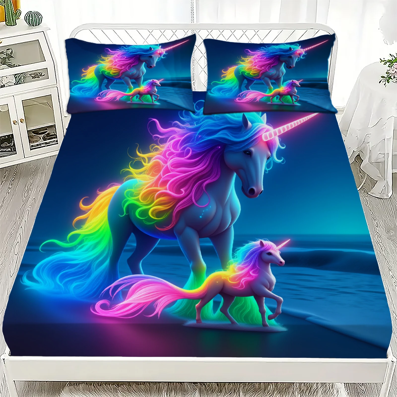 3PCS Fitted Sheet Sets Hores Printed Flat Sheet With Pillowcases Rainbow Gradient Color Playful And Magical Style For Children