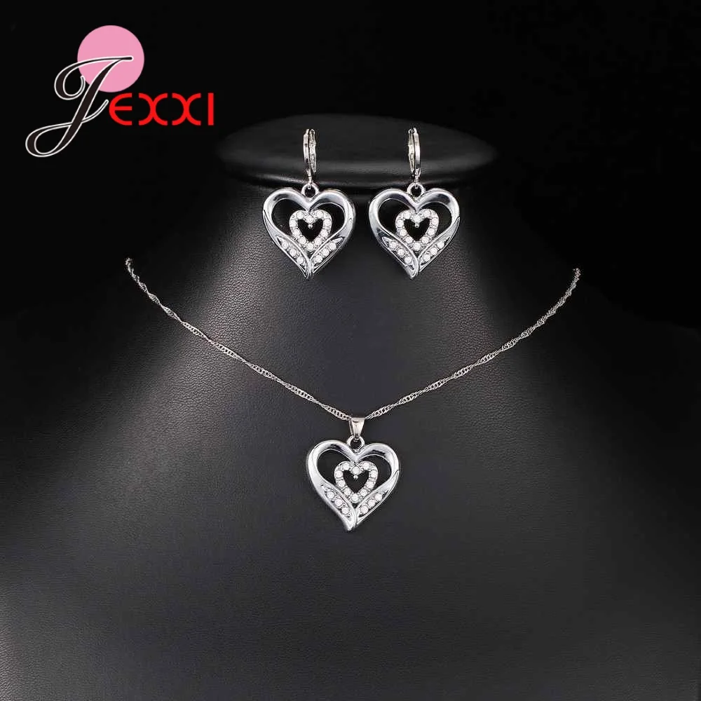 

Trendy Heart In Heart Design High Quality 925 Sterling Silver Chain/Pendant/Necklace/Earrings Women Jewelry Sets