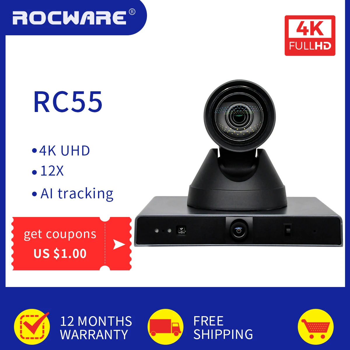 ROCWARE RC55 All-in-one 4K Ultra HD Tracking Camera  12X optical zoom H.265 PTZ Video Conference Cameras