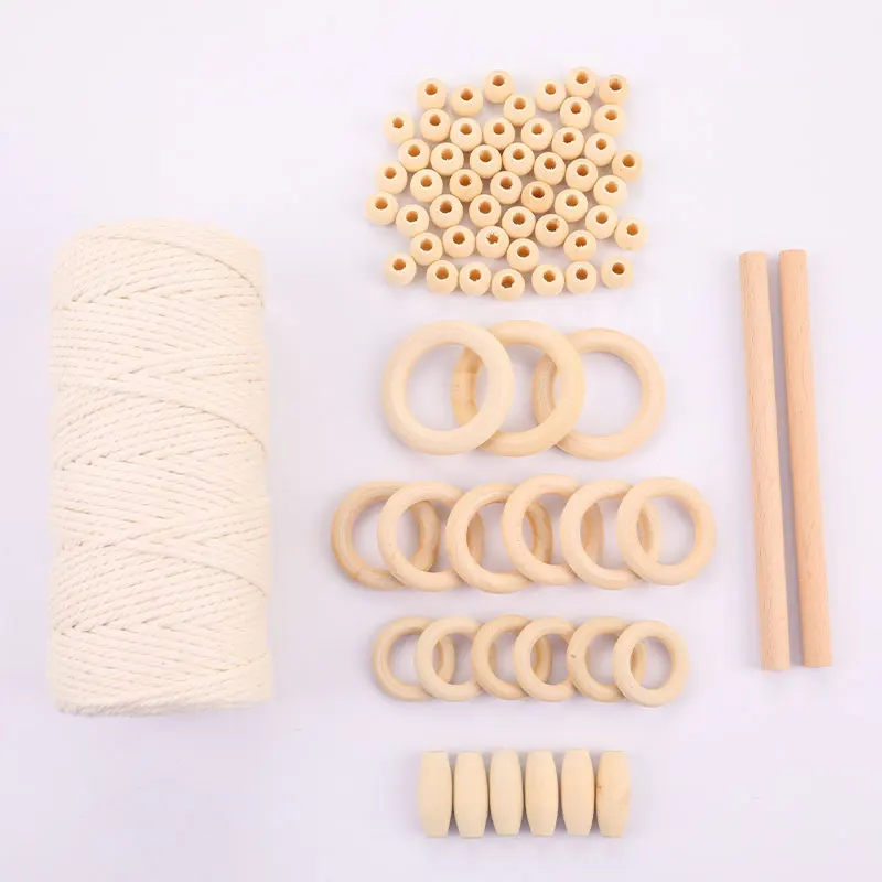 1Set Macrame Cord Cotton Rope With Wood Ring Wooden Beads For DIY Wall Hanging