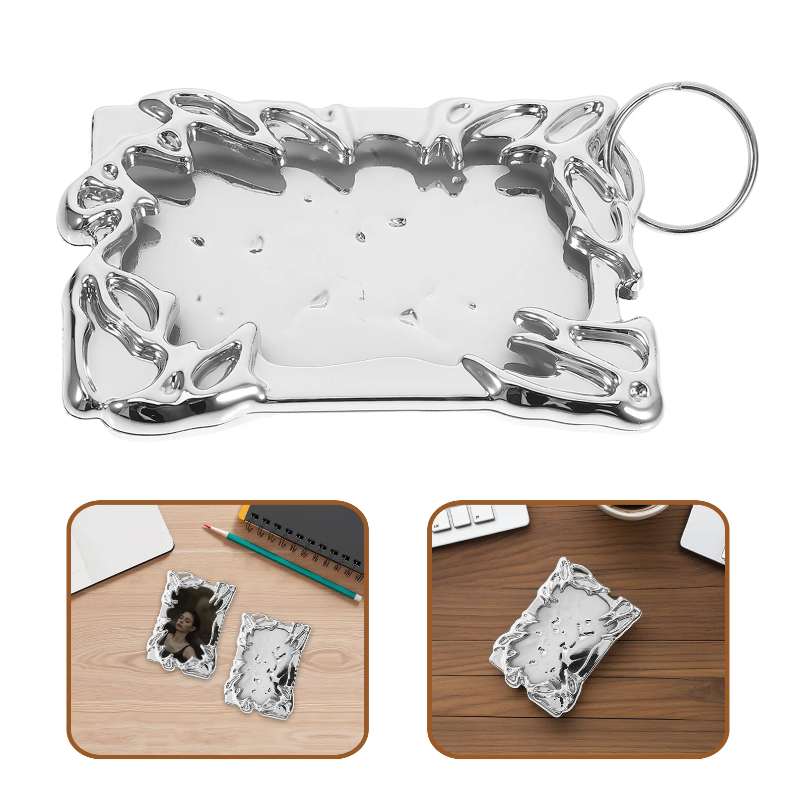 

2Pcs Photocard Holder Irregular Shape Electroplate Plastic Keychain Mini Picture Frame Portable Photo Display Tabletop Decor