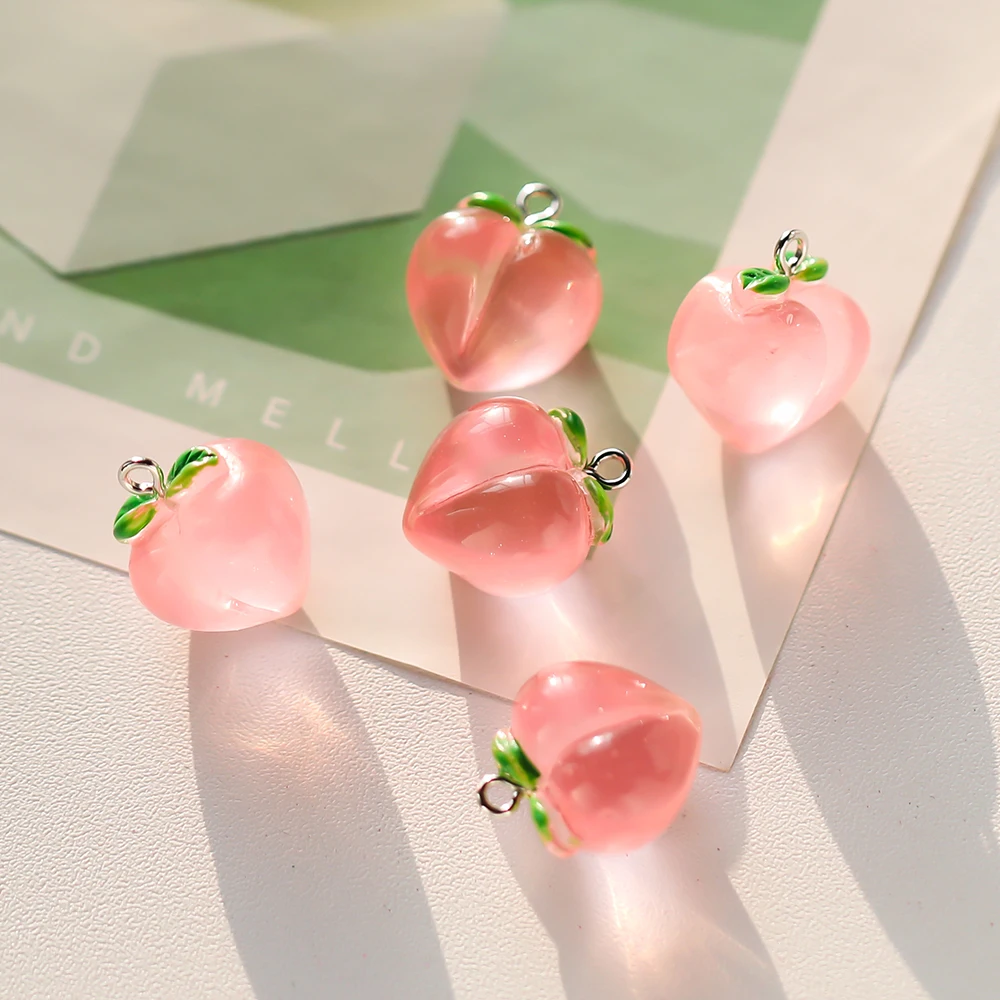 10pcs Cute Clear Pink Peach Resin Charms Pendant 3D Fruit Pendant For Earring Bracelet Keychain DIY Jewelry Making Findings