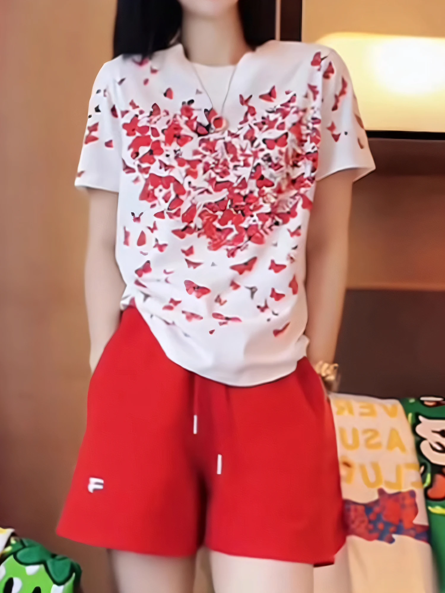 

Loose Fit Print Short Sleeve T-Shirt Women's Summer New Style Two-Piece Set Korean Version Casual Fashion Top Shorts