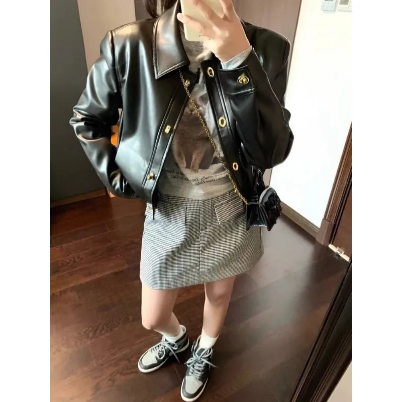 Autumn New Street Style Women's Short Motorcycle Wear Pu Leather Jacket Fashion Women's Artificial Leather Soft Coat Black Coat