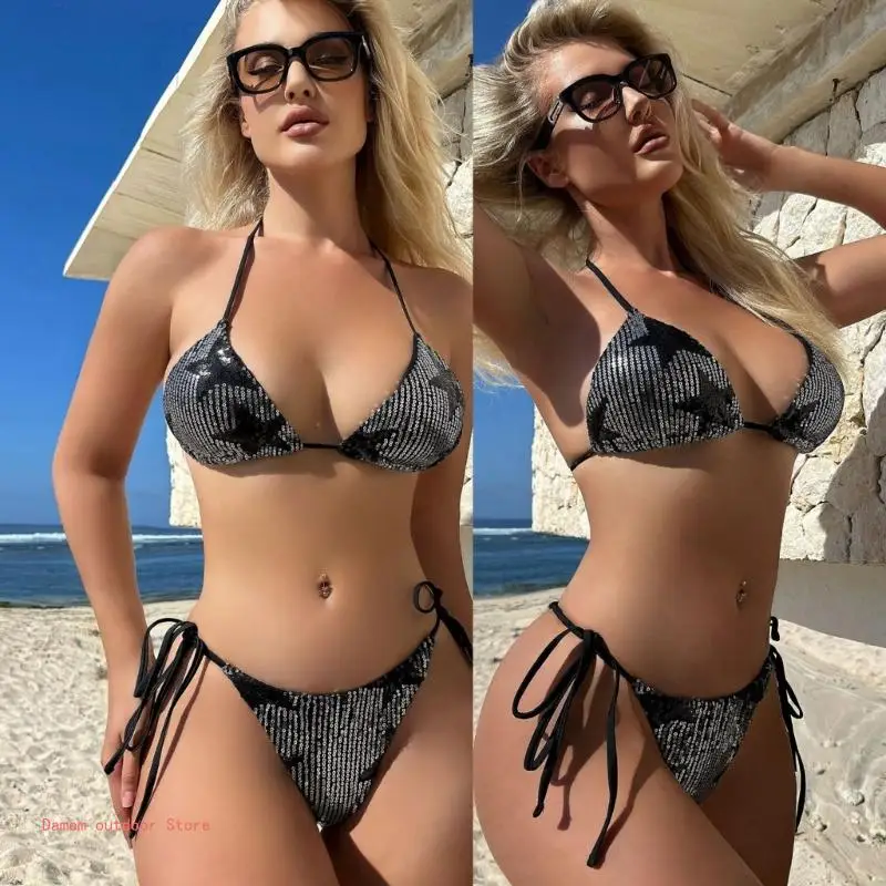 Two Pieces Bathing Suit, String Swimming Costume Set Includes Halterneck Top