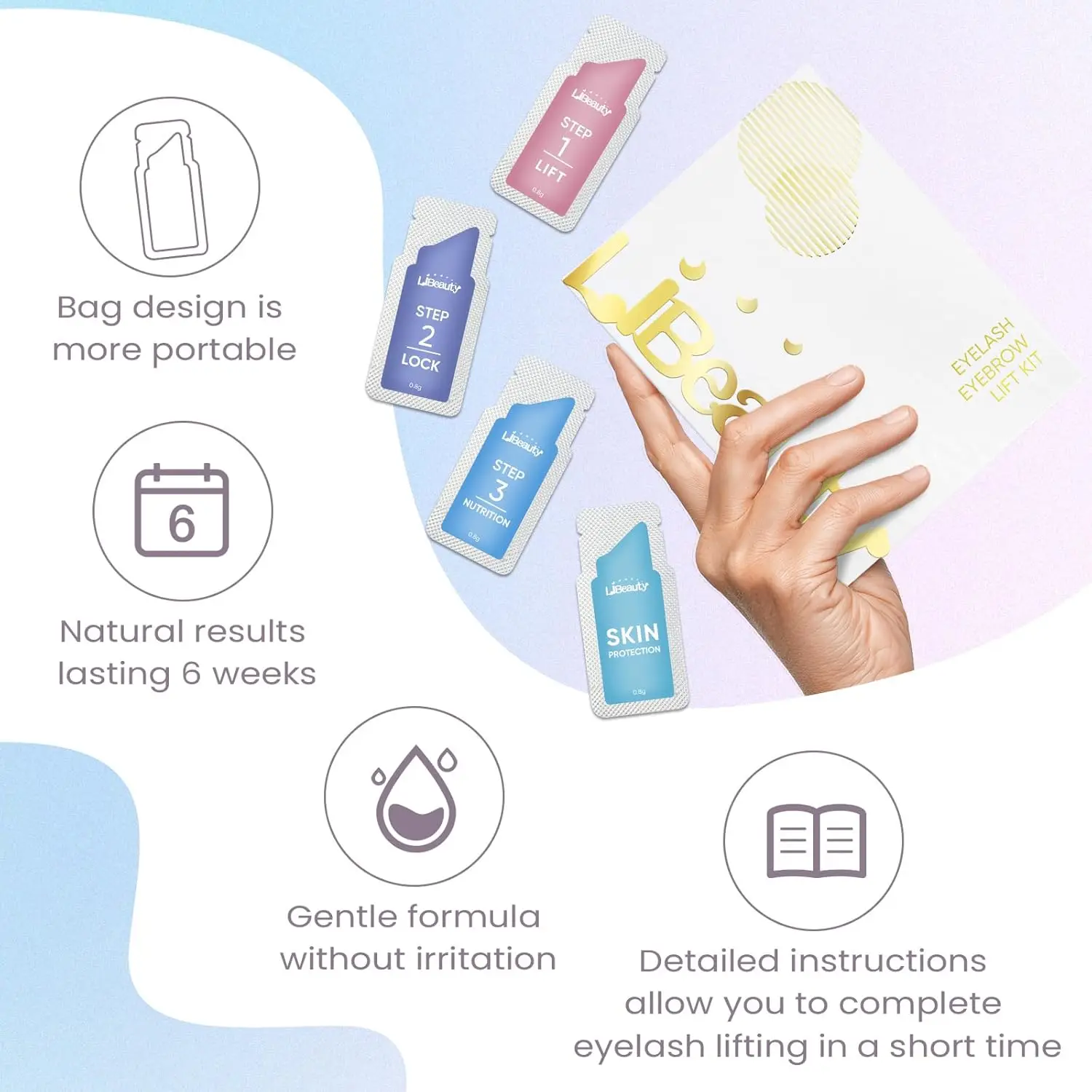 Libeauty Kit de elevação de cílios e laminação de sobrancelha 2 em 1 Kit de loção permanente para cílios, saquinho descartável de ondulação rápida para uso em casa ou salão de beleza