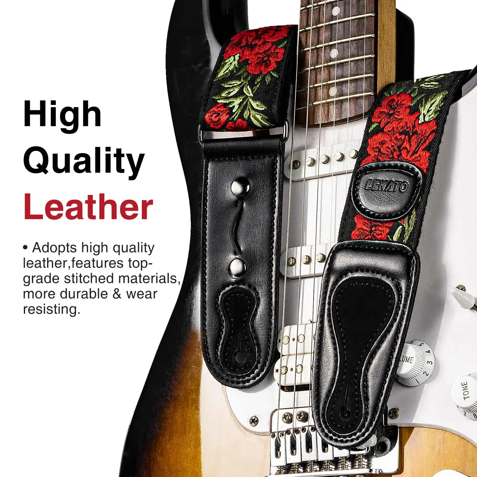 Tracolla per chitarra Lekato con/6 plettri e 2 serrature - per chitarra elettrica, acustica, basso - Hardware in legno (Lgs-6)