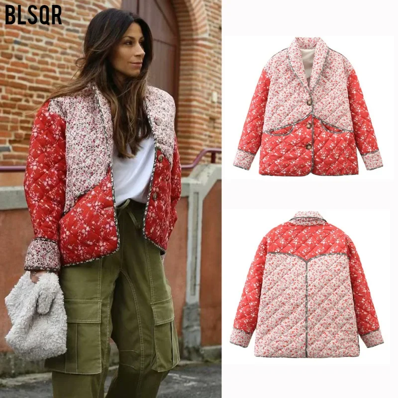 Winter Print Color Patchwork Cotton-padded Coat Coat Women's European and American Autumn Winter Fashion Cotton-padded Jacket