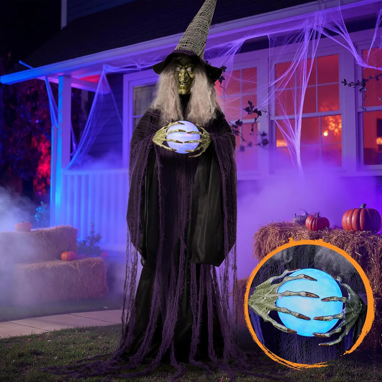 JOYFY Bruja de Halloween de 72 pulgadas con fantasma de pie animado de cristal con movimiento y luz para patio de fiesta de casa embrujada en interiores