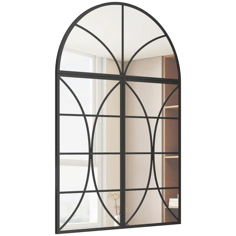 Miroir mural arqué 80 x 120 cm, lot de 3 pièces, miroir en verre en forme de fenêtre, verre trempé et métal, noir