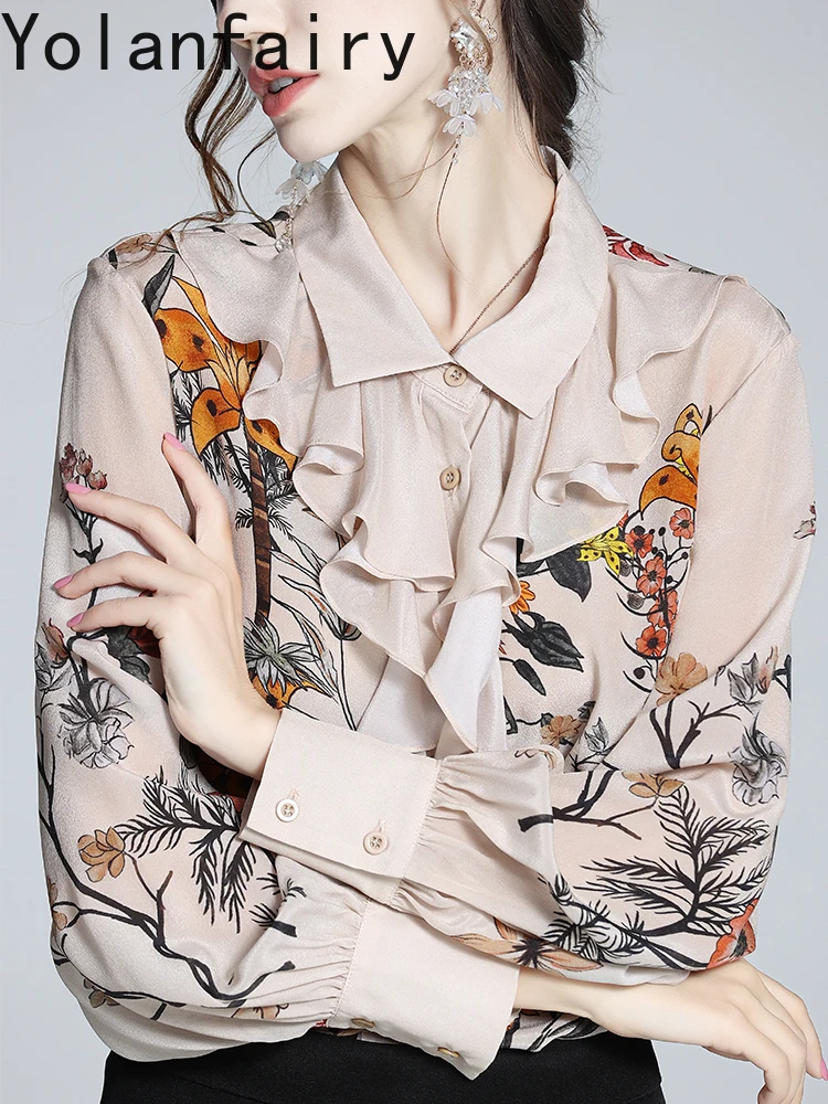 YOLANFAIRY 100% véritable mûrier soie à manches longues chemises femme automne haut à volants léger luxe chemises florales femme hauts à la mode