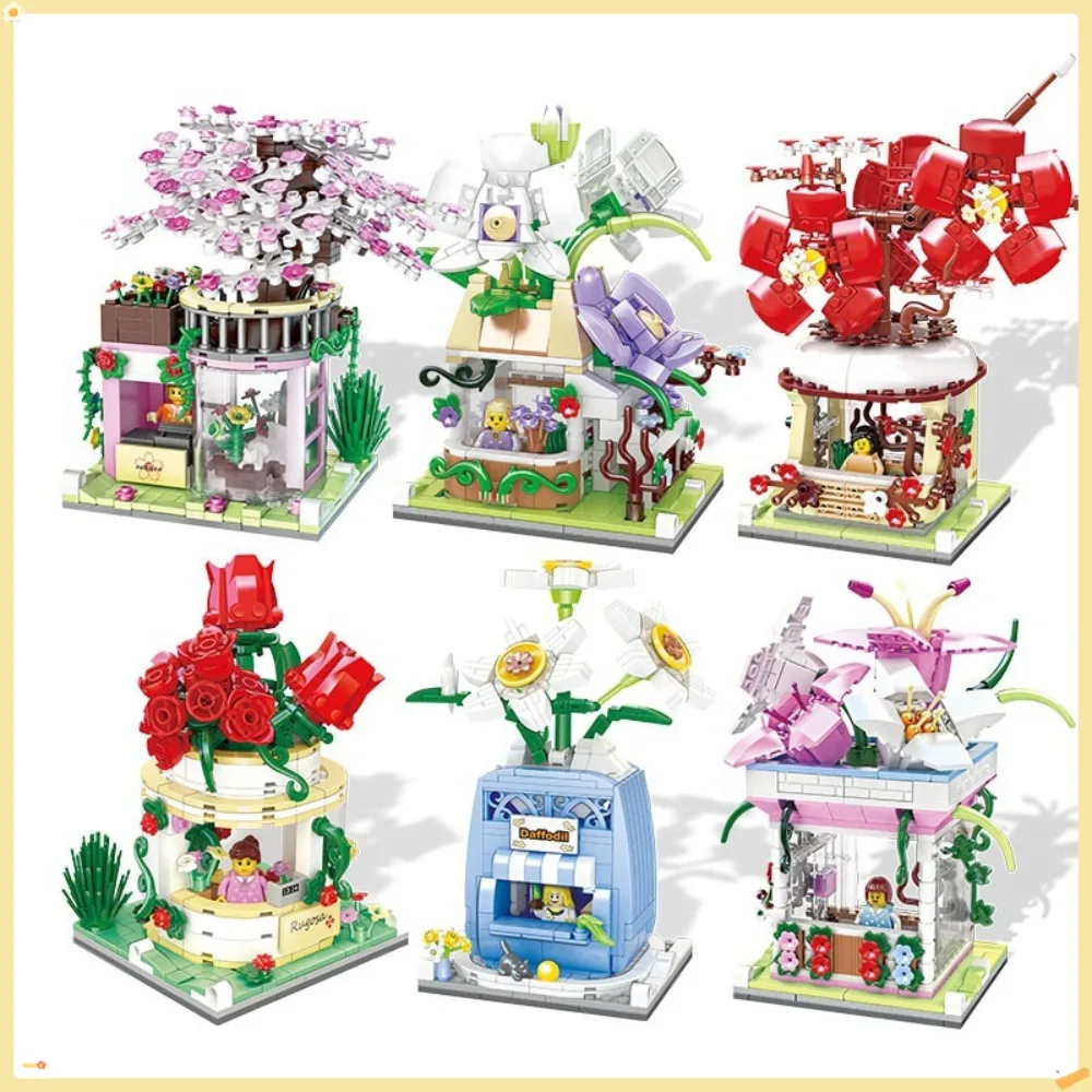 

Mini Flower Potted Plants Street View Series Cherry Blossoms Lily Street View Assembling Building Block Toys Ornament Kid's Gift