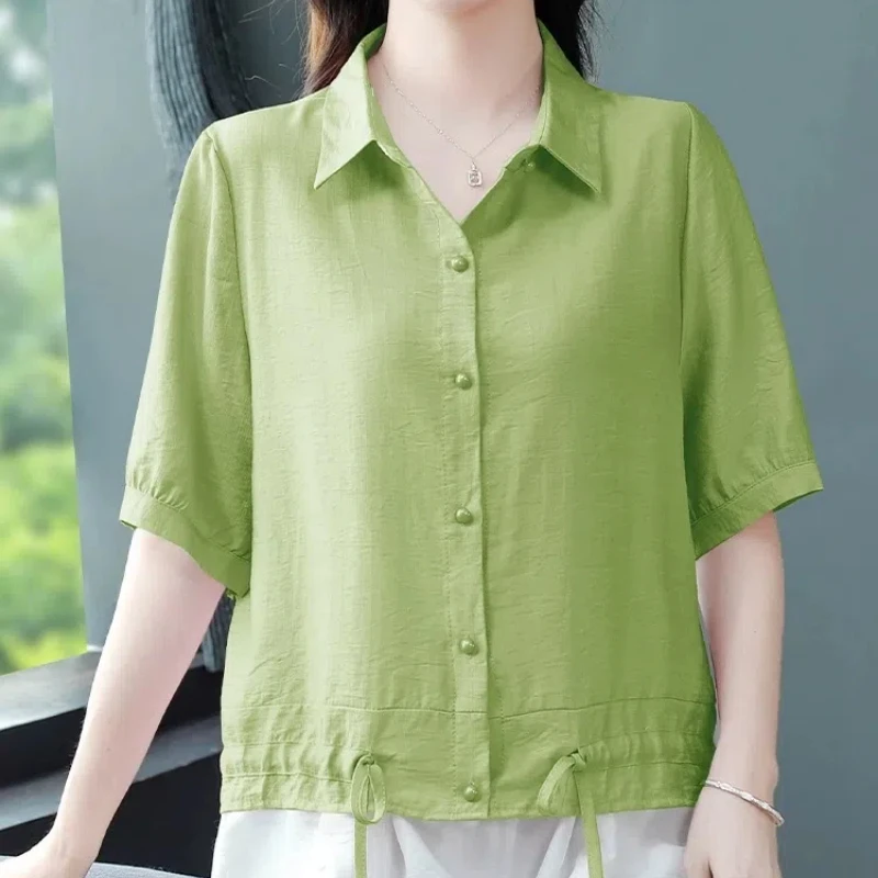 Simplicity Office Lady Summer Women's POLO Collar Solid Single Breasted Shirring Fashion Versatile Loose Short Sleeve Shirts Top