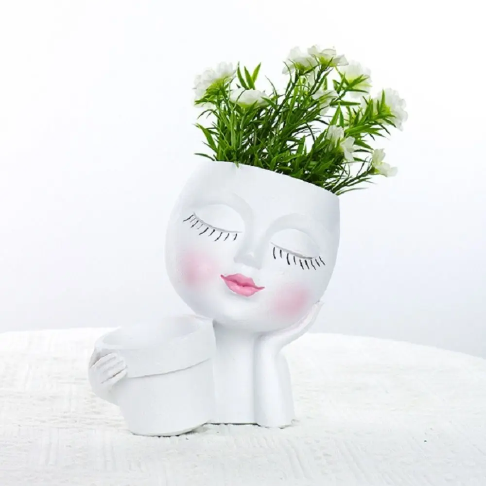 with Drainage Hole Handheld Basket Girl Flowerpot Mini Simulation Resin Girl Face Flowerpot Creative Handmade