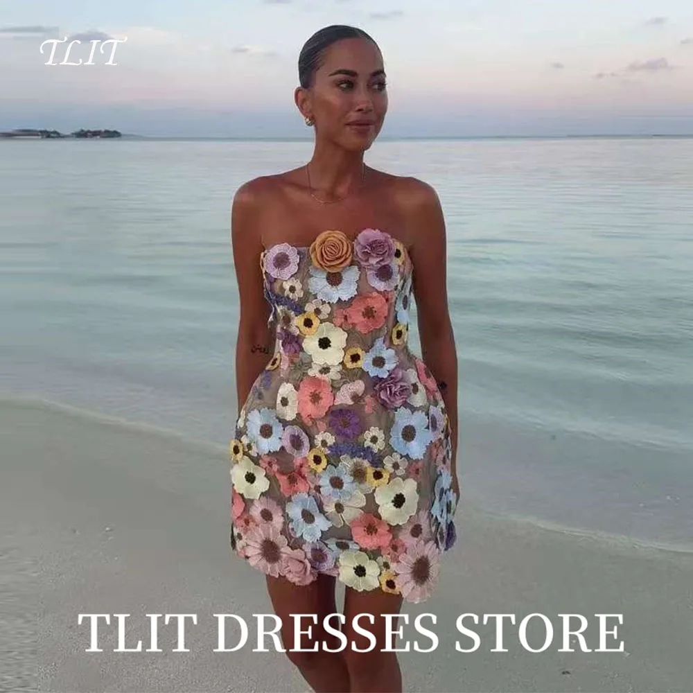 

TLIT Sexy 3D Appliques Flowers Evening Dress Cocktail Party Colored Strapless Short Prom Gown Customized Formal Party Vestido