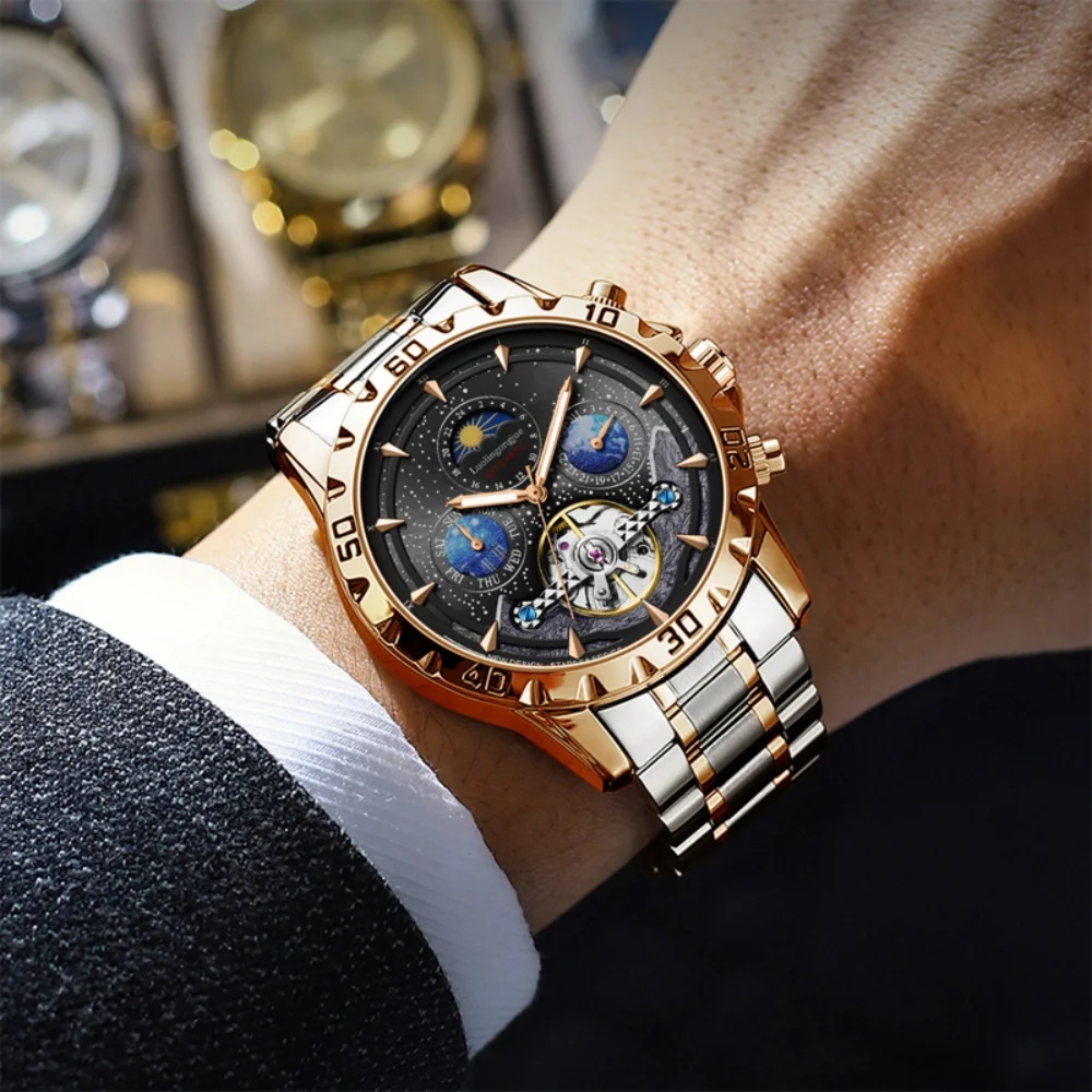 ساعة ميكانيكية رجال الأعمال الفاخرة، ساعة ميكانيكية أوتوماتيكية بالكامل مجوفة من السماء المرصعة بالنجوم للرجال، ساعة يد رجالية عصرية مضيئة مقاومة للماء، حزام من الفولاذ المقاوم للصدأ، قرص دائري عالي القيمة #3